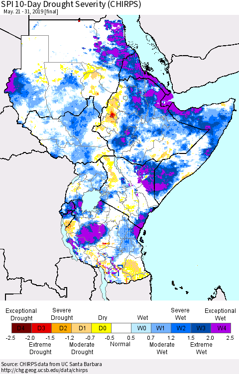 Eastern Africa SPI 10-Day Drought Severity (CHIRPS) Thematic Map For 5/21/2019 - 5/31/2019