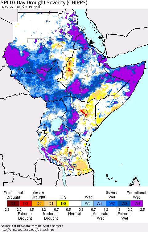 Eastern Africa SPI 10-Day Drought Severity (CHIRPS) Thematic Map For 5/26/2019 - 6/5/2019