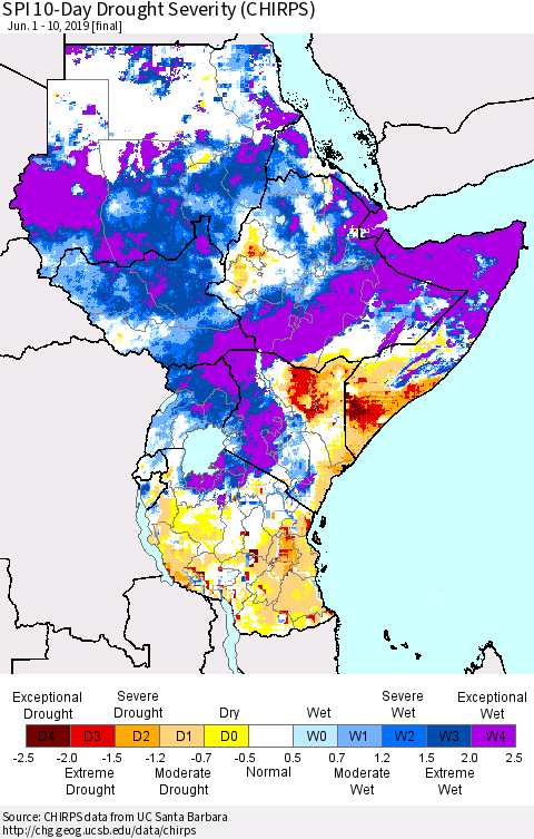 Eastern Africa SPI 10-Day Drought Severity (CHIRPS) Thematic Map For 6/1/2019 - 6/10/2019