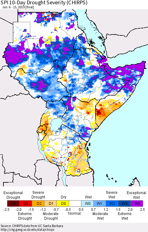 Eastern Africa SPI 10-Day Drought Severity (CHIRPS) Thematic Map For 6/6/2019 - 6/15/2019