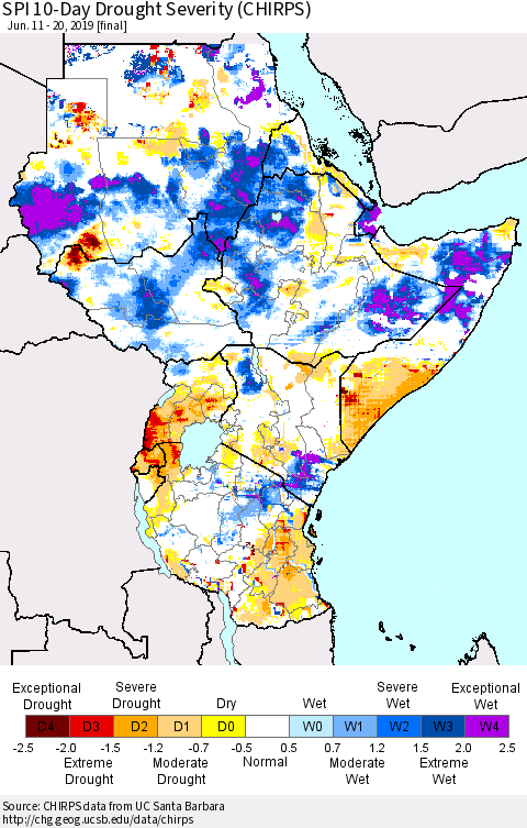 Eastern Africa SPI 10-Day Drought Severity (CHIRPS) Thematic Map For 6/11/2019 - 6/20/2019
