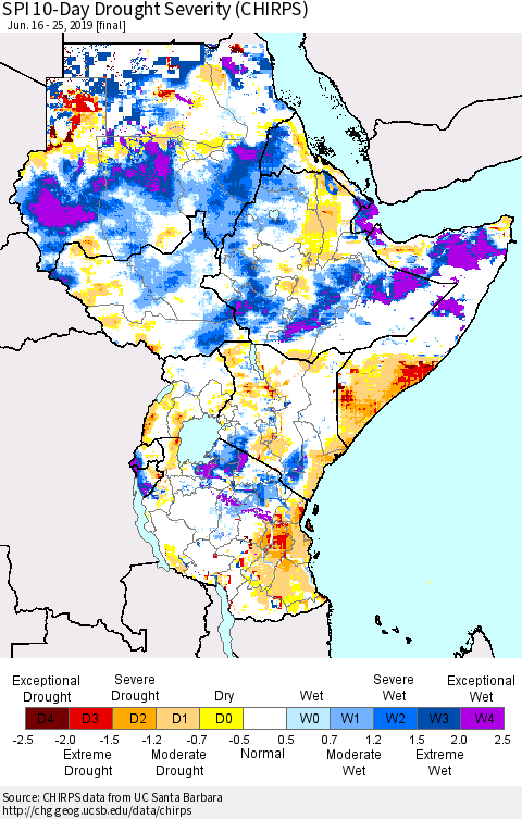 Eastern Africa SPI 10-Day Drought Severity (CHIRPS) Thematic Map For 6/16/2019 - 6/25/2019