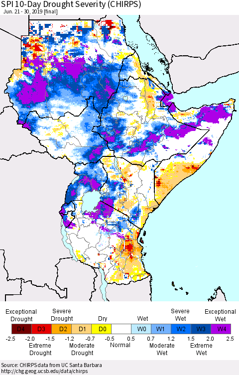 Eastern Africa SPI 10-Day Drought Severity (CHIRPS) Thematic Map For 6/21/2019 - 6/30/2019