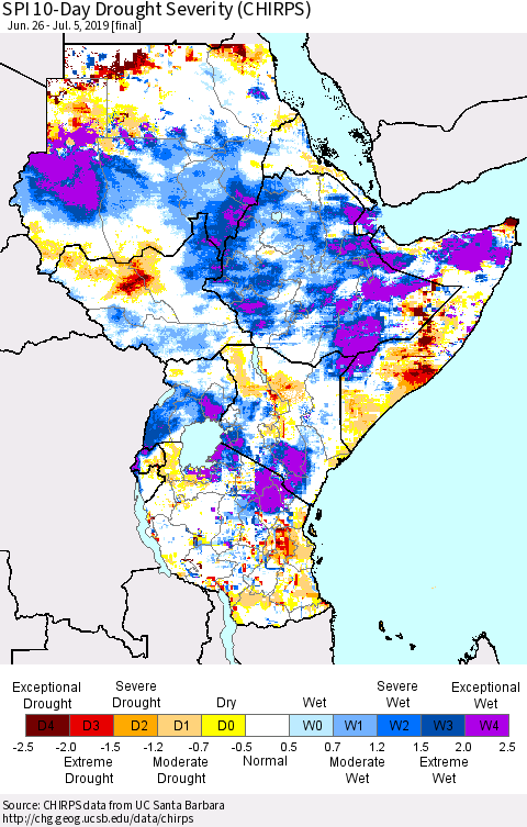 Eastern Africa SPI 10-Day Drought Severity (CHIRPS) Thematic Map For 6/26/2019 - 7/5/2019