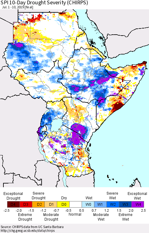 Eastern Africa SPI 10-Day Drought Severity (CHIRPS) Thematic Map For 7/1/2019 - 7/10/2019