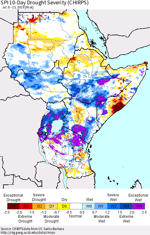 Eastern Africa SPI 10-Day Drought Severity (CHIRPS) Thematic Map For 7/6/2019 - 7/15/2019