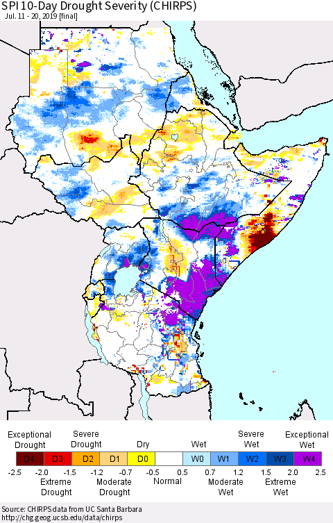 Eastern Africa SPI 10-Day Drought Severity (CHIRPS) Thematic Map For 7/11/2019 - 7/20/2019