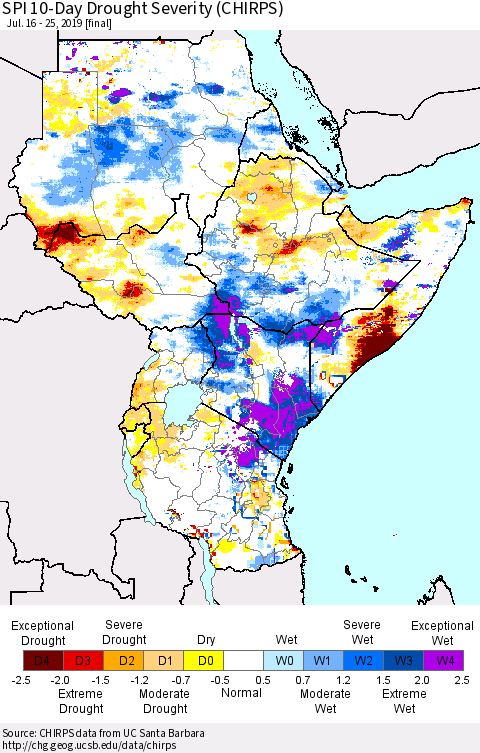 Eastern Africa SPI 10-Day Drought Severity (CHIRPS) Thematic Map For 7/16/2019 - 7/25/2019