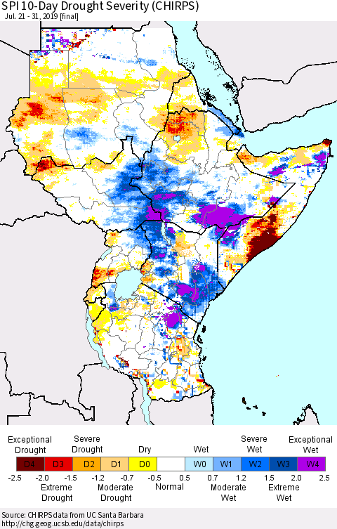 Eastern Africa SPI 10-Day Drought Severity (CHIRPS) Thematic Map For 7/21/2019 - 7/31/2019