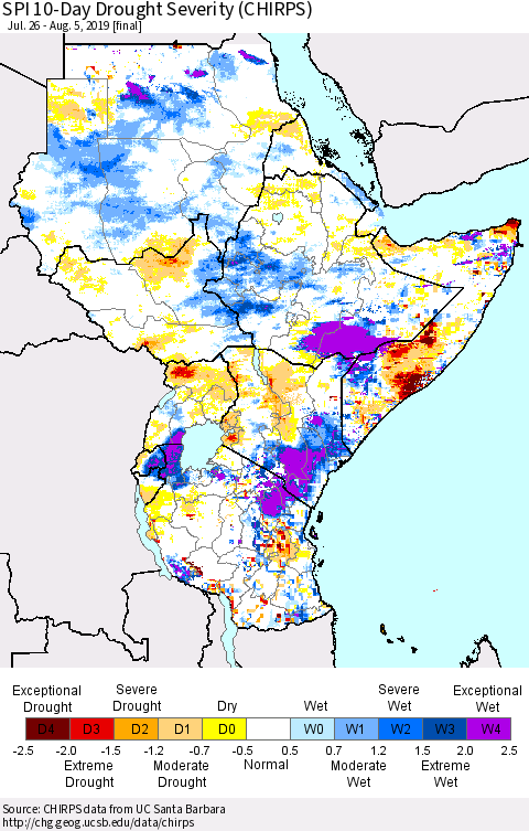 Eastern Africa SPI 10-Day Drought Severity (CHIRPS) Thematic Map For 7/26/2019 - 8/5/2019