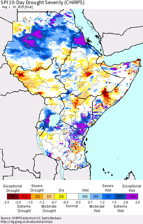 Eastern Africa SPI 10-Day Drought Severity (CHIRPS) Thematic Map For 8/1/2019 - 8/10/2019