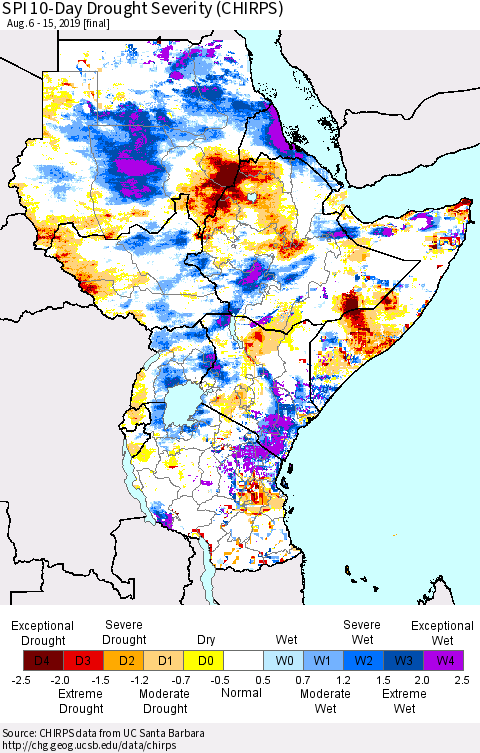 Eastern Africa SPI 10-Day Drought Severity (CHIRPS) Thematic Map For 8/6/2019 - 8/15/2019