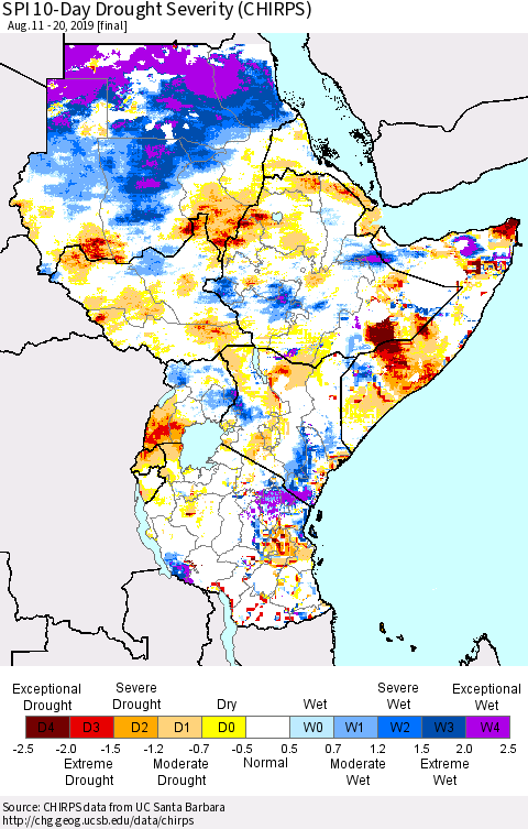 Eastern Africa SPI 10-Day Drought Severity (CHIRPS) Thematic Map For 8/11/2019 - 8/20/2019