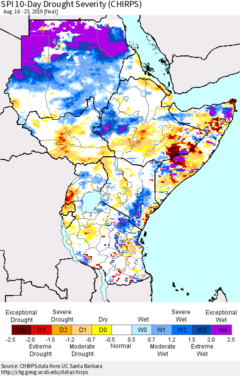 Eastern Africa SPI 10-Day Drought Severity (CHIRPS) Thematic Map For 8/16/2019 - 8/25/2019