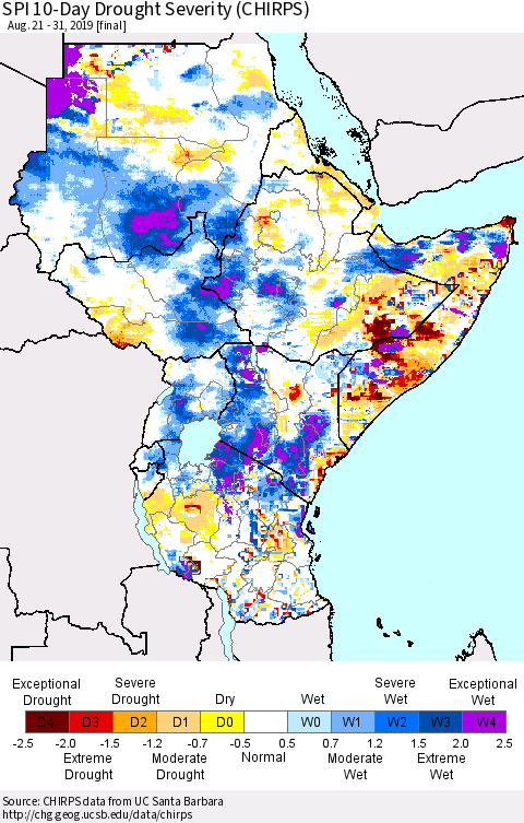 Eastern Africa SPI 10-Day Drought Severity (CHIRPS) Thematic Map For 8/21/2019 - 8/31/2019