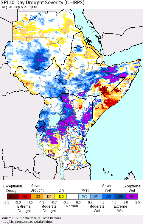 Eastern Africa SPI 10-Day Drought Severity (CHIRPS) Thematic Map For 8/26/2019 - 9/5/2019