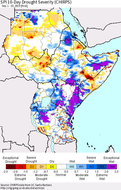 Eastern Africa SPI 10-Day Drought Severity (CHIRPS) Thematic Map For 9/1/2019 - 9/10/2019