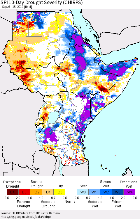 Eastern Africa SPI 10-Day Drought Severity (CHIRPS) Thematic Map For 9/6/2019 - 9/15/2019