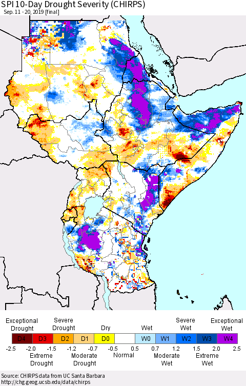 Eastern Africa SPI 10-Day Drought Severity (CHIRPS) Thematic Map For 9/11/2019 - 9/20/2019
