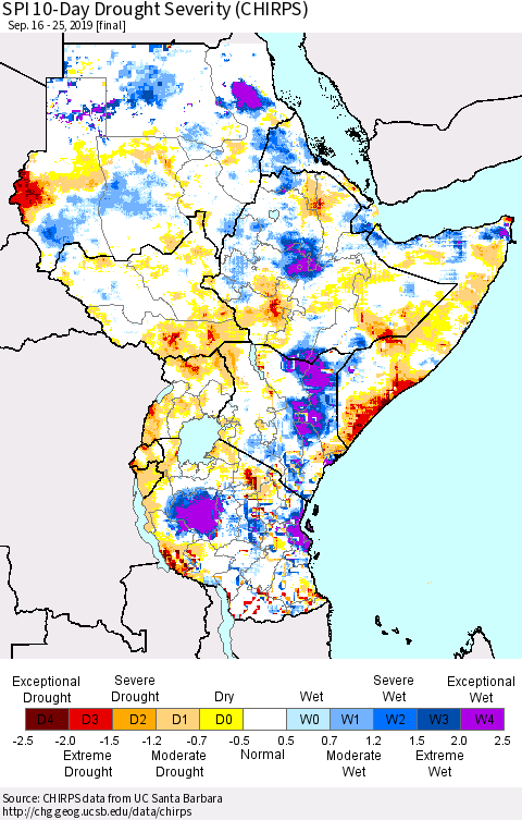 Eastern Africa SPI 10-Day Drought Severity (CHIRPS) Thematic Map For 9/16/2019 - 9/25/2019