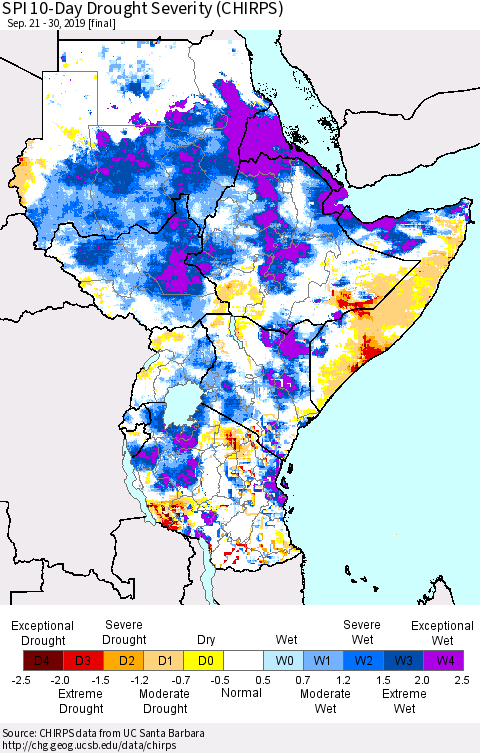 Eastern Africa SPI 10-Day Drought Severity (CHIRPS) Thematic Map For 9/21/2019 - 9/30/2019