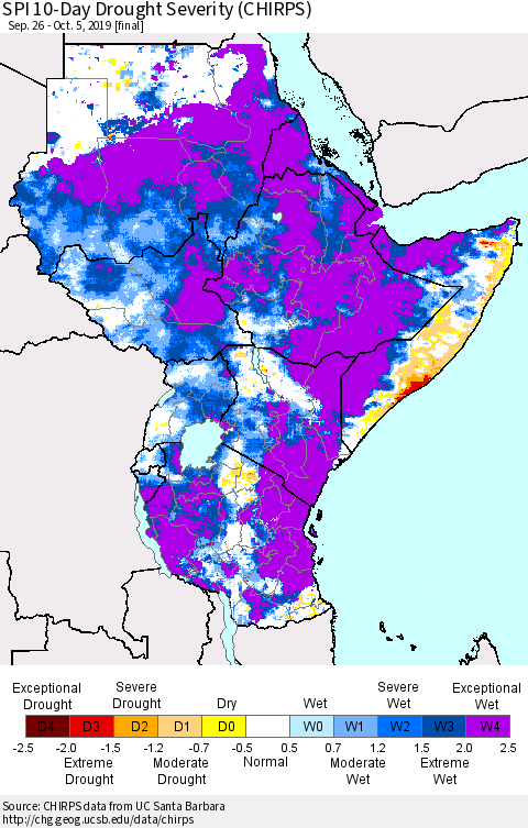 Eastern Africa SPI 10-Day Drought Severity (CHIRPS) Thematic Map For 9/26/2019 - 10/5/2019