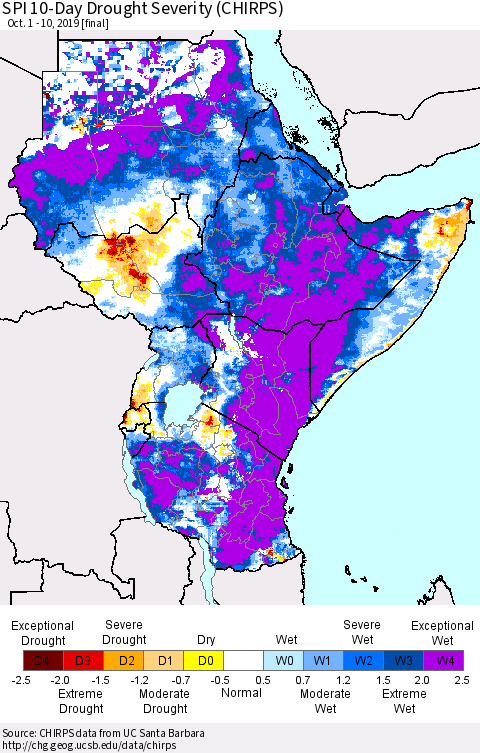 Eastern Africa SPI 10-Day Drought Severity (CHIRPS) Thematic Map For 10/1/2019 - 10/10/2019