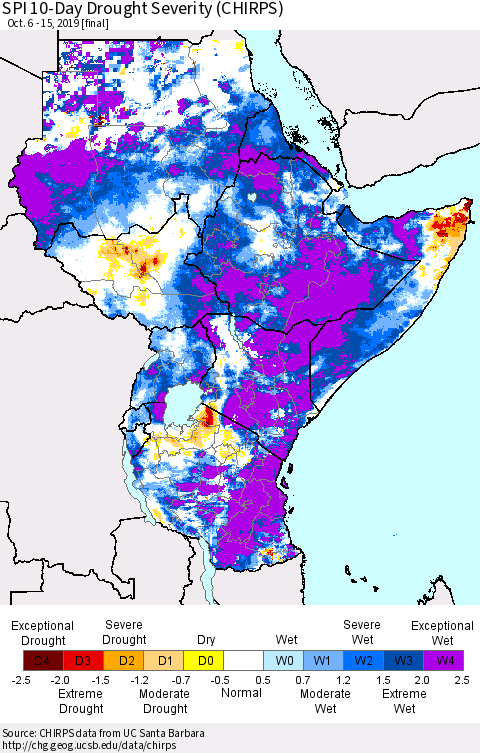 Eastern Africa SPI 10-Day Drought Severity (CHIRPS) Thematic Map For 10/6/2019 - 10/15/2019