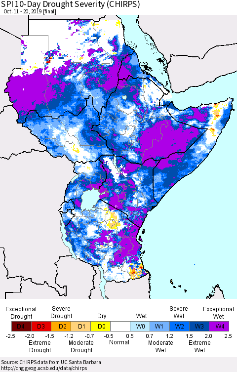 Eastern Africa SPI 10-Day Drought Severity (CHIRPS) Thematic Map For 10/11/2019 - 10/20/2019