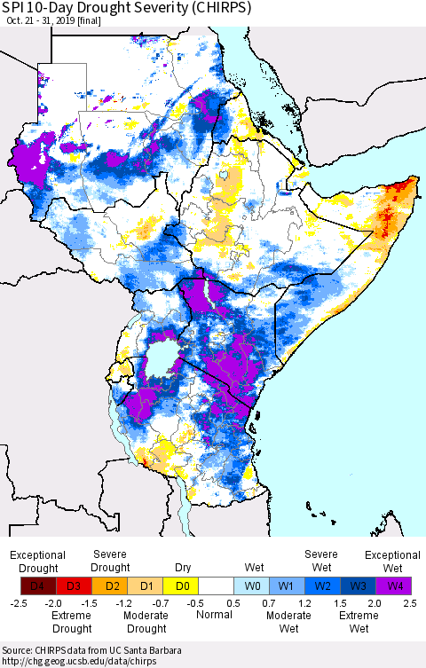 Eastern Africa SPI 10-Day Drought Severity (CHIRPS) Thematic Map For 10/21/2019 - 10/31/2019