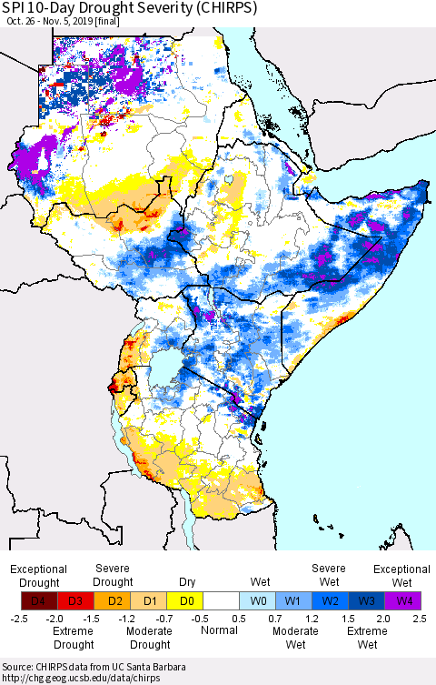 Eastern Africa SPI 10-Day Drought Severity (CHIRPS) Thematic Map For 10/26/2019 - 11/5/2019
