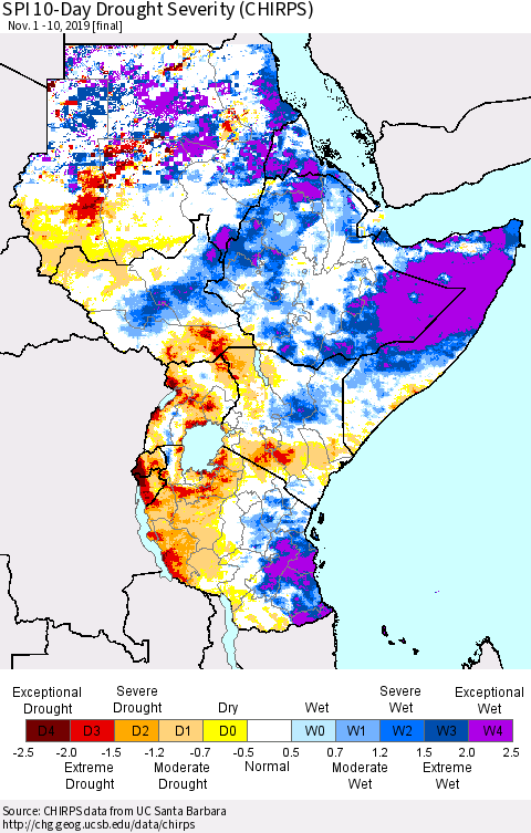Eastern Africa SPI 10-Day Drought Severity (CHIRPS) Thematic Map For 11/1/2019 - 11/10/2019