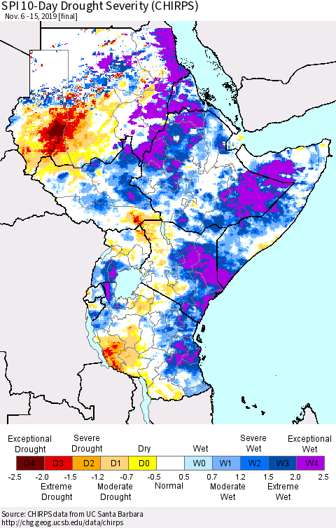 Eastern Africa SPI 10-Day Drought Severity (CHIRPS) Thematic Map For 11/6/2019 - 11/15/2019