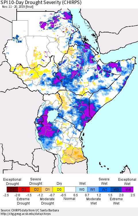 Eastern Africa SPI 10-Day Drought Severity (CHIRPS) Thematic Map For 11/11/2019 - 11/20/2019