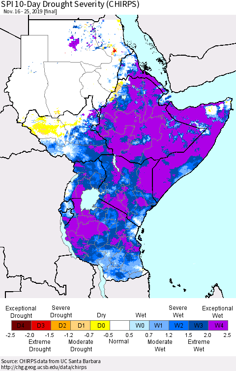 Eastern Africa SPI 10-Day Drought Severity (CHIRPS) Thematic Map For 11/16/2019 - 11/25/2019
