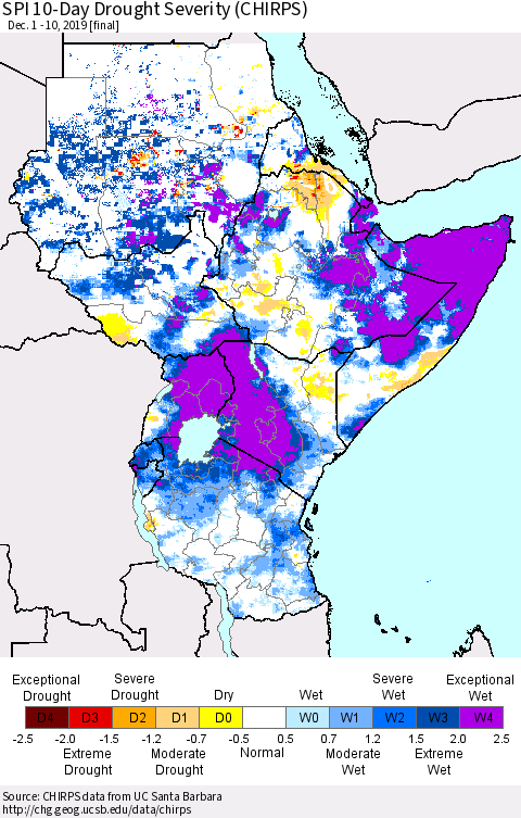 Eastern Africa SPI 10-Day Drought Severity (CHIRPS) Thematic Map For 12/1/2019 - 12/10/2019