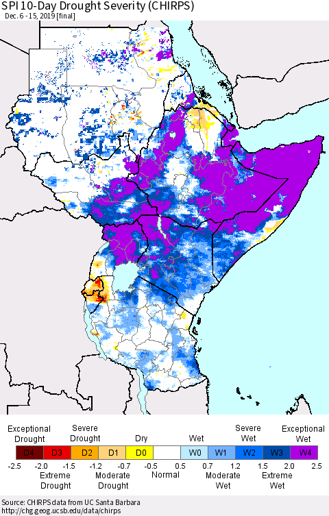 Eastern Africa SPI 10-Day Drought Severity (CHIRPS) Thematic Map For 12/6/2019 - 12/15/2019