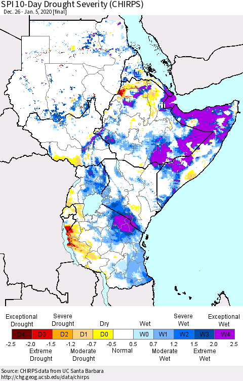 Eastern Africa SPI 10-Day Drought Severity (CHIRPS) Thematic Map For 12/26/2019 - 1/5/2020