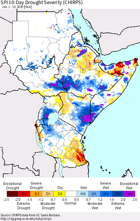 Eastern Africa SPI 10-Day Drought Severity (CHIRPS) Thematic Map For 1/1/2020 - 1/10/2020