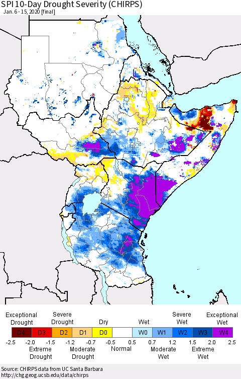 Eastern Africa SPI 10-Day Drought Severity (CHIRPS) Thematic Map For 1/6/2020 - 1/15/2020