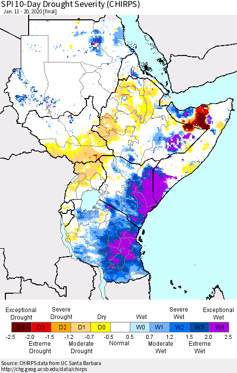 Eastern Africa SPI 10-Day Drought Severity (CHIRPS) Thematic Map For 1/11/2020 - 1/20/2020
