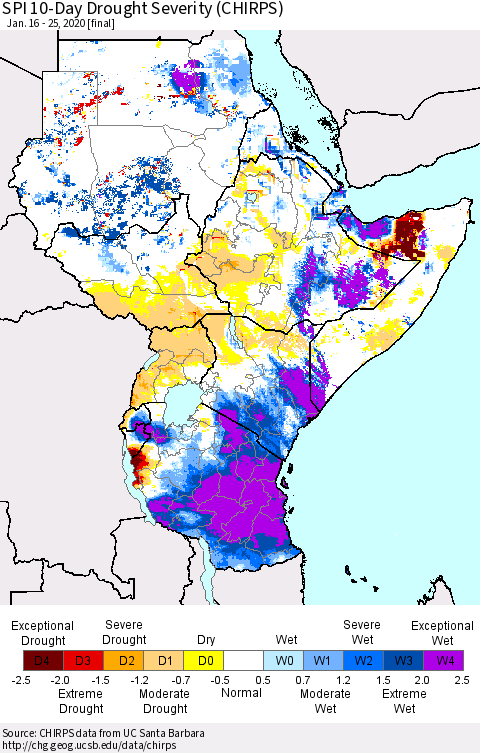 Eastern Africa SPI 10-Day Drought Severity (CHIRPS) Thematic Map For 1/16/2020 - 1/25/2020