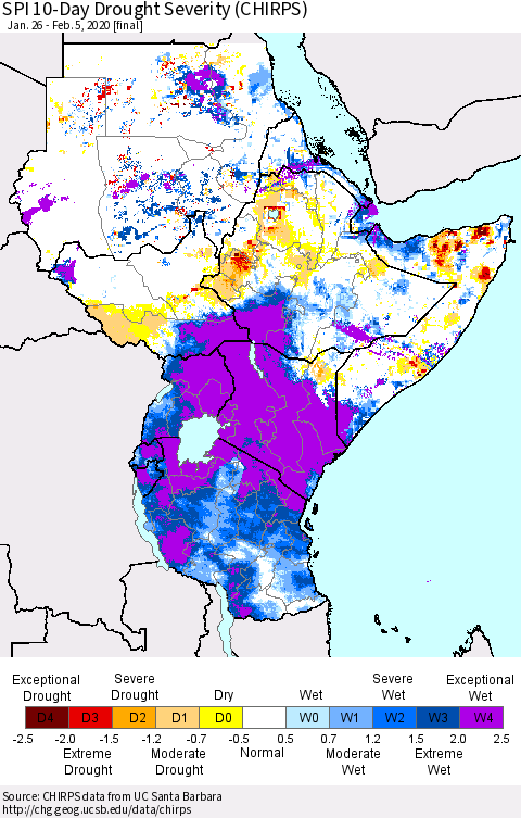 Eastern Africa SPI 10-Day Drought Severity (CHIRPS) Thematic Map For 1/26/2020 - 2/5/2020