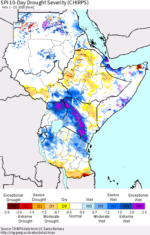 Eastern Africa SPI 10-Day Drought Severity (CHIRPS) Thematic Map For 2/1/2020 - 2/10/2020