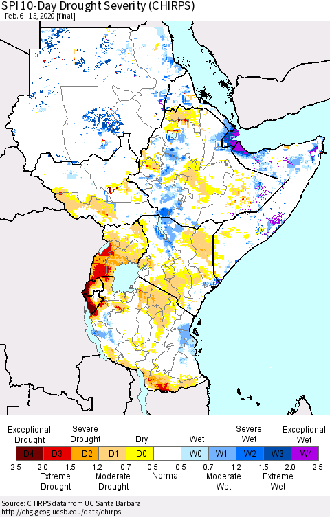Eastern Africa SPI 10-Day Drought Severity (CHIRPS) Thematic Map For 2/6/2020 - 2/15/2020