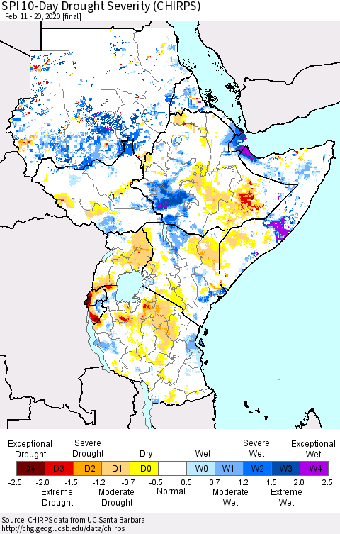 Eastern Africa SPI 10-Day Drought Severity (CHIRPS) Thematic Map For 2/11/2020 - 2/20/2020