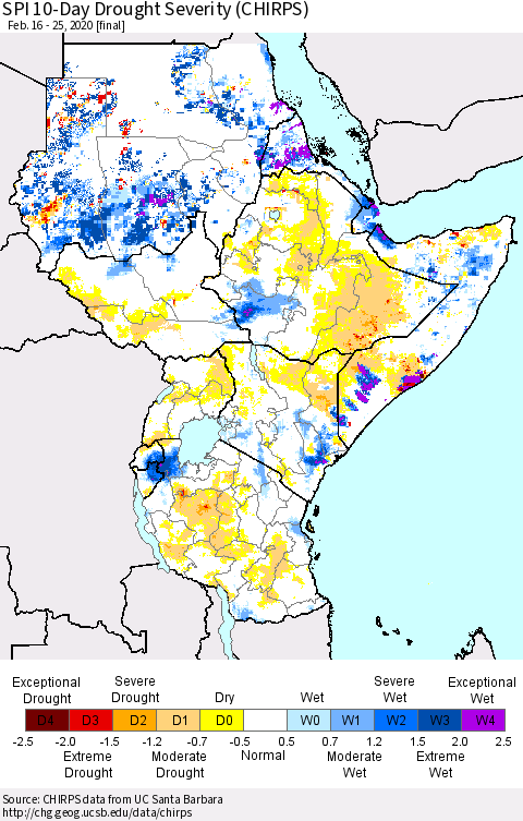 Eastern Africa SPI 10-Day Drought Severity (CHIRPS) Thematic Map For 2/16/2020 - 2/25/2020