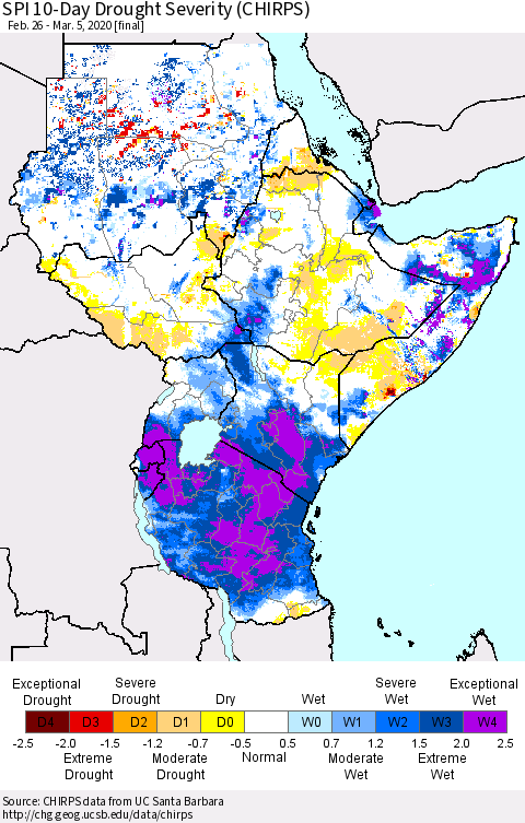 Eastern Africa SPI 10-Day Drought Severity (CHIRPS) Thematic Map For 2/26/2020 - 3/5/2020