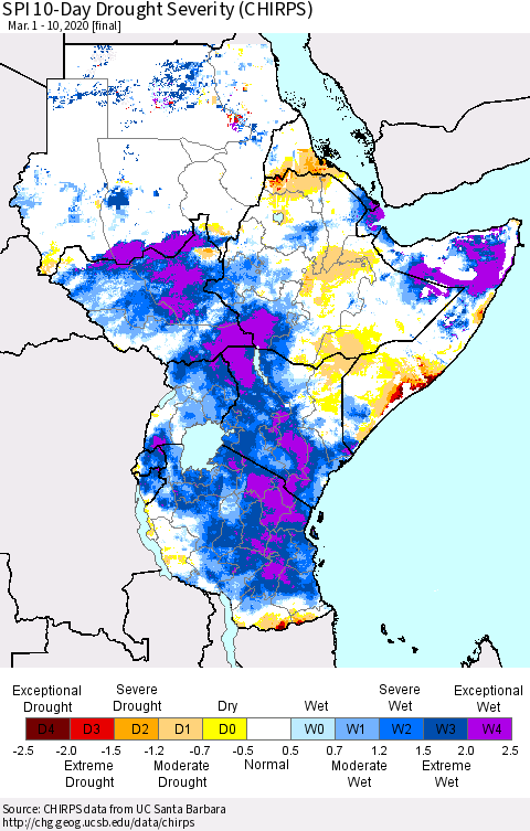 Eastern Africa SPI 10-Day Drought Severity (CHIRPS) Thematic Map For 3/1/2020 - 3/10/2020