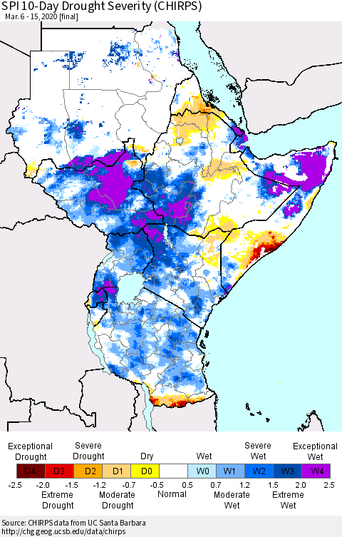 Eastern Africa SPI 10-Day Drought Severity (CHIRPS) Thematic Map For 3/6/2020 - 3/15/2020